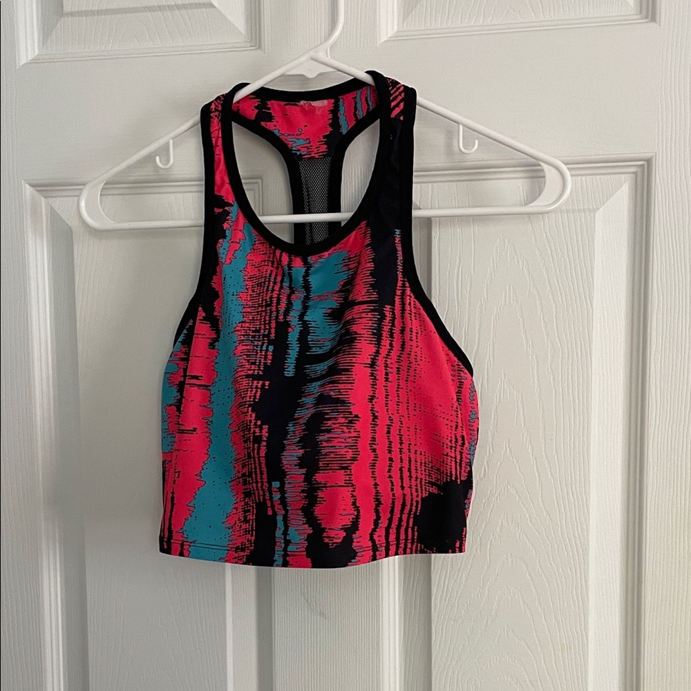 Fabletics Pink, Teal & Black Racerback Crop Top